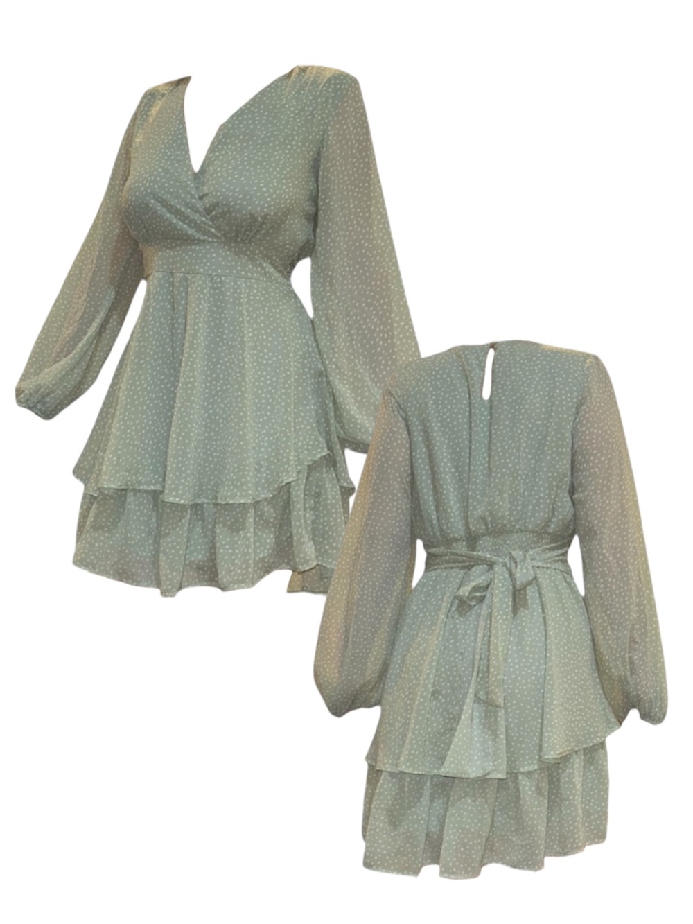 Light Green Polka Dot Tiered Wrap Dress with Long Sleeves